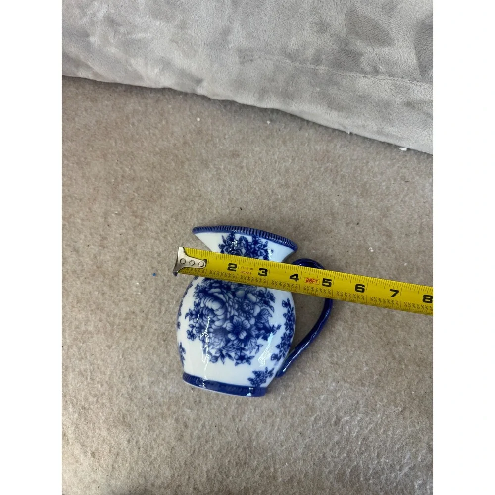 Blue White Floral Porcelain Pitcher Creamer Set 6pc Flow Blue Style Victorian